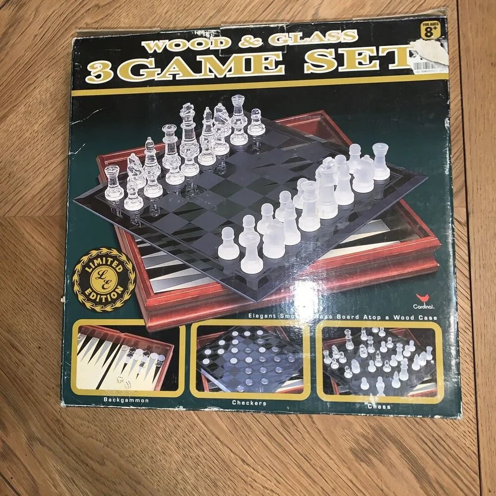 GLASS & WOOD 3 GAME SET CHESS - CHECKERS - BACKGAMMON CARDINAL MODEL 82-25 NOB